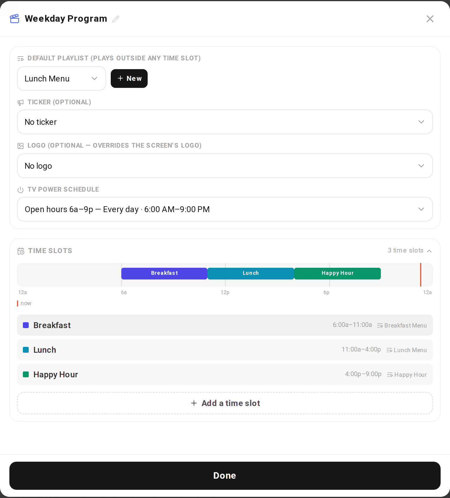 Day program editor with breakfast, lunch, and happy hour time slots and a TV power schedule
